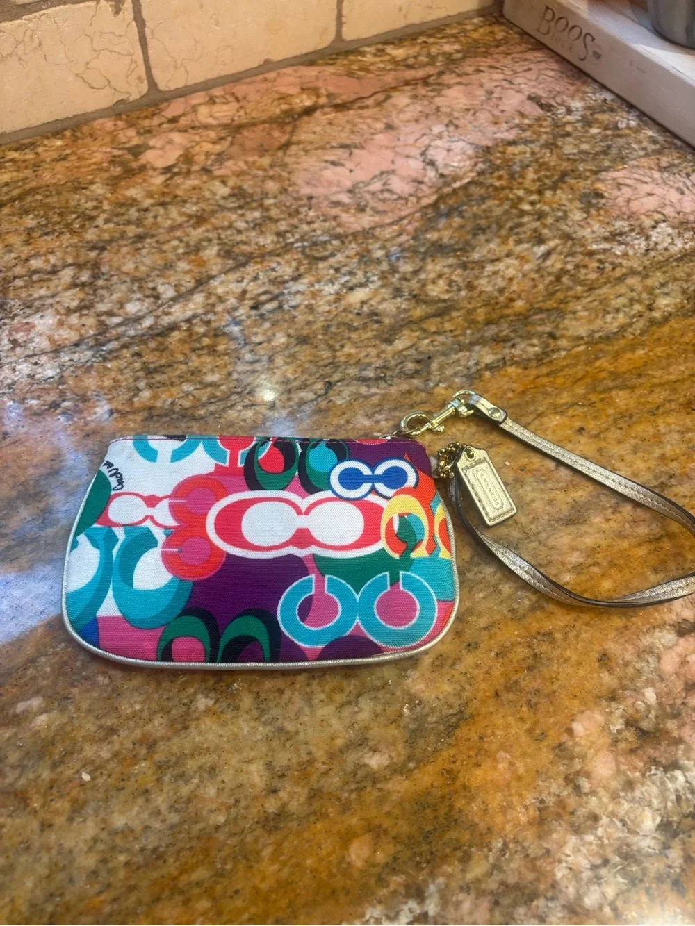 Coach Poppy Multicolor Graphic Signature Wristlet in Gold Trim